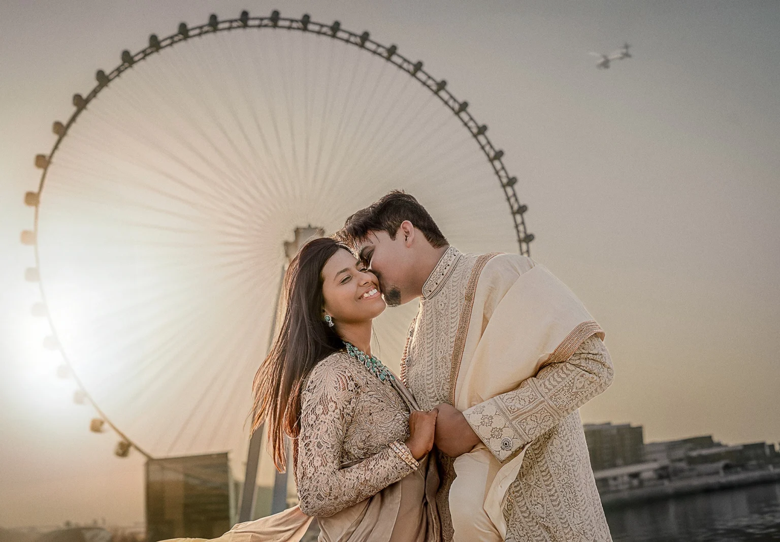 Indian Traditional Sherwani and Saree in Arabian Sea blue water Ain in Dubai in Background Dubai 2